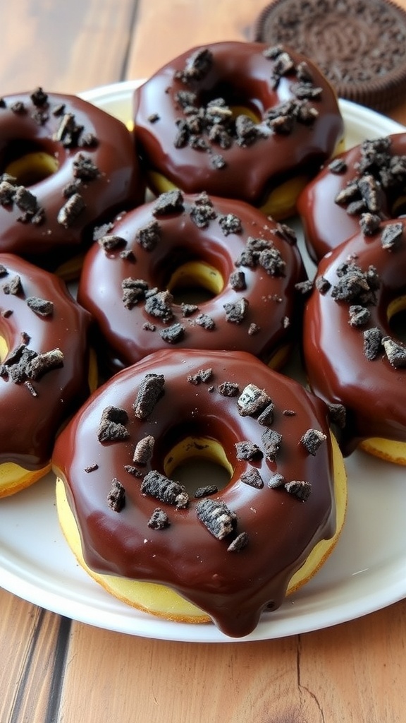 Oreo Donuts Recipe A tempting display of Oreo donuts with chocolate glaze and crushed Oreos on top, served on a rustic plate.